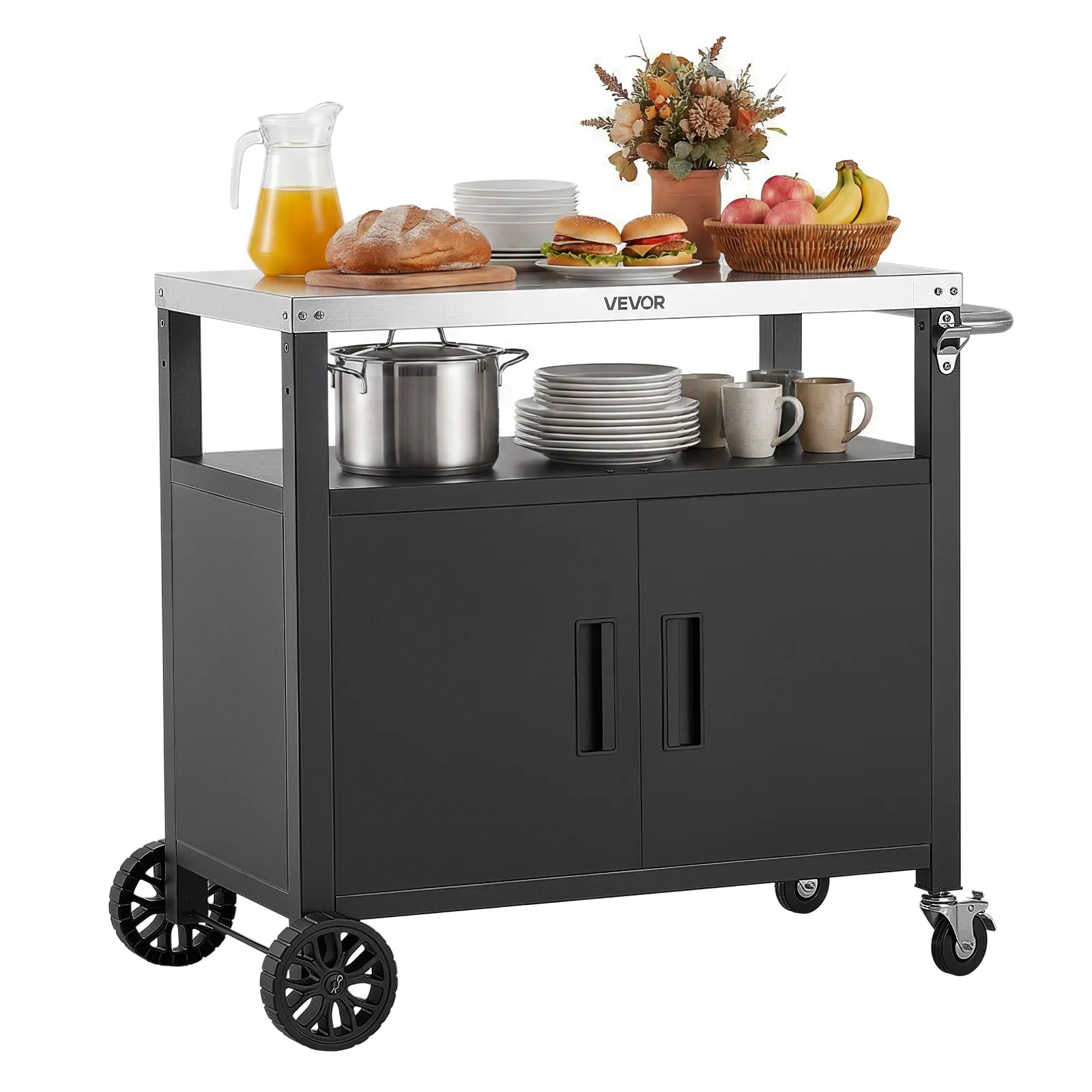 VEVOR Outdoor Grill Cart with Storage Cabinet, 36.4 Inch Grill Table, Waterproof Kitchen Island with Stainless Steel Top, Shelf, and Wheels, Movable Food Prep Station for Patio Bar Backyard BBQ
