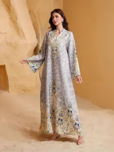 Leopard Print Rhinestone Beaded Muslim Arabic Modest Style Dress Abaya Long Robe Arabian Dress