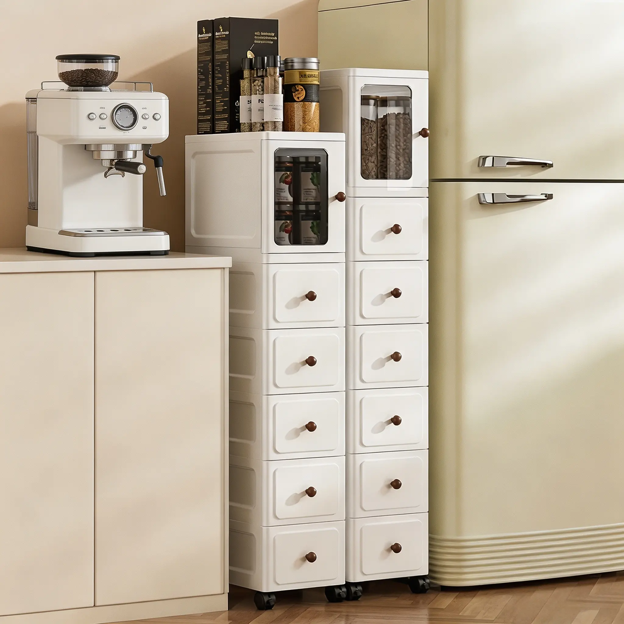 Vertical Slim Narrow Gap Rolling Storage Cabinet with 5 Drawers, Transparent Door &  Knobs, Lockable Swivel Wheels, Space-Saving Organizer for Fridge Side, Bedside, Kitchen & Bathroom