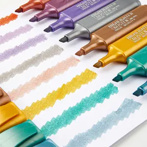 Glitter Highlighters Set 8Pack Subtle Colors with Chisel Tips, Flexible Line Width and Smudge-Proof Water-Based Ink for Sparkling Note-Taking,Cute Markers