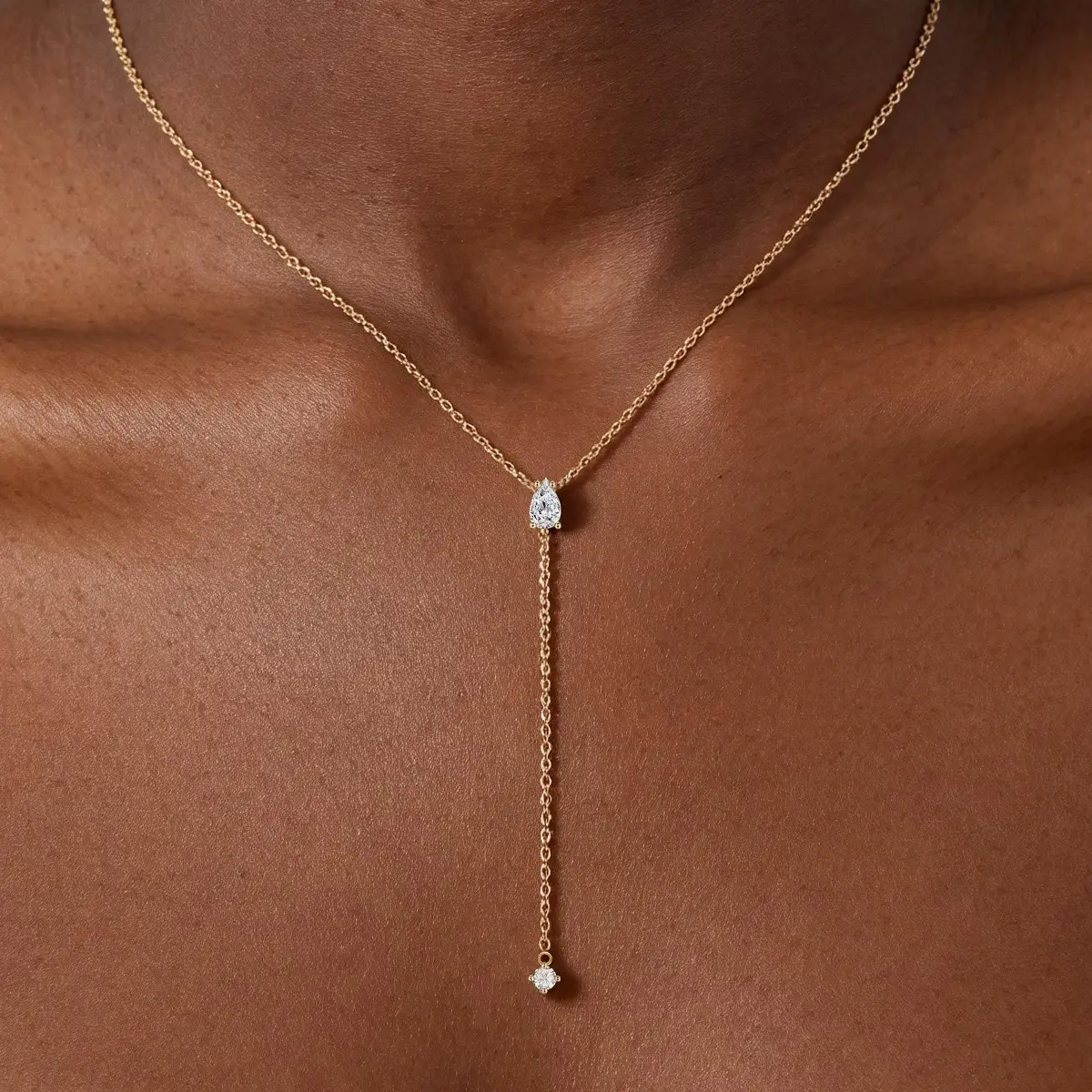 14K Gold Plated Lariat Y Necklace for Women, Dainty Pear Cut Cubic Zirconia Drop Necklace, Sparkling Teardrop CZ Y-Shaped Pendant Necklace, Elegant Jewelry Gifts for Wedding Anniversary Birthday