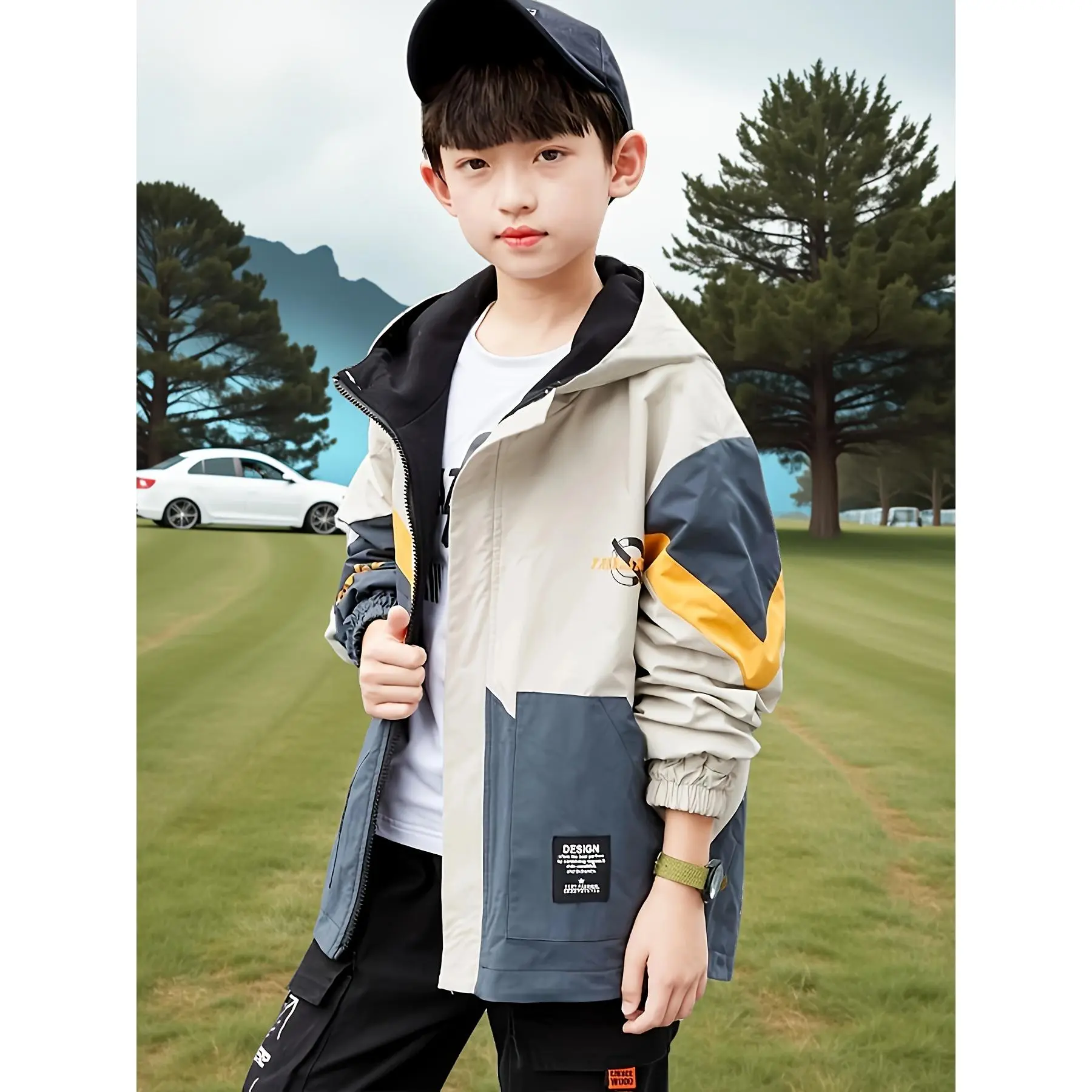 NewBoys' Reversible Jacket Spring Outerwear New Trend Hooded Color-Block Windbreaker for Middle and Large Children