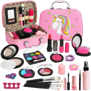Colourful Children's Make-up Set, Portable Role-Play Toy, Kids Vanity, 23 Pieces including compact powder, powder puff, lipstick, eyeshadow, brushes, blusher, storage pouch. Gift for daughters