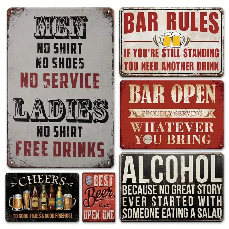 6pcs Vintage Metal Tin Signs Set - 8x12in Retro Look Home Decor Products, Bar & Study Wall Sign Iron Wall Art, Ideal Gift for Beer Lovers, Living Room Decor, Bar Signs