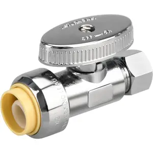 Stop Valves, 1/2" x 3/8" Straight Stop Valve, 1/2" PTC Input, 3/8" OD Compression Output, Push to Connect, 1/4 Turn, Chrome Plated Brass for Faucet, Toilet Valves, No Lead