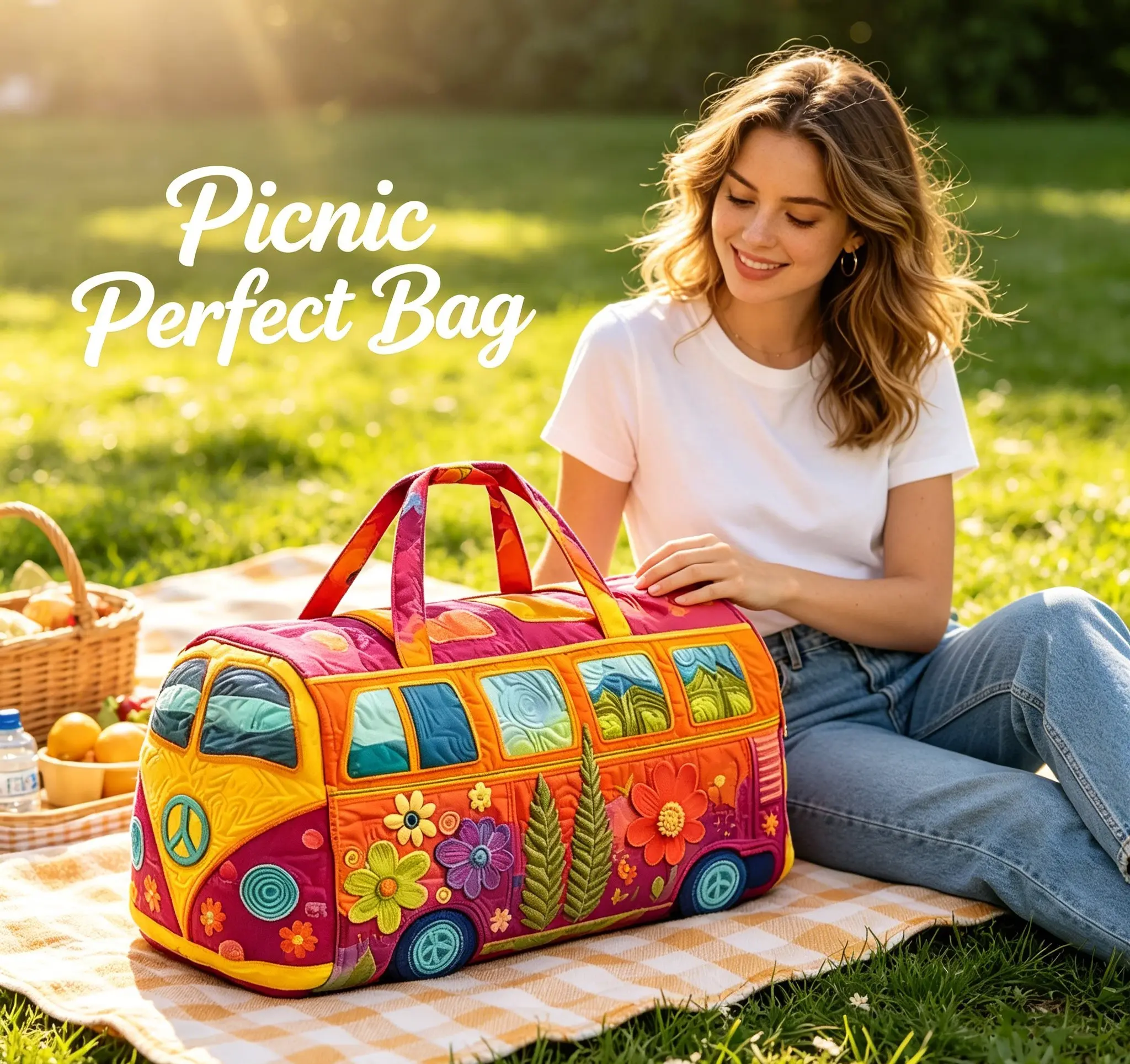 2026 New Model Vintage Hippie Bus Quilted Duffle Bag - Boho Floral Weekender,18“Travel Bag  Large Capacity Overnight Bag for Camping, Gym & Weekend Getaway Unisex Boho Quilted Weekender Travel Bag, Lightweight & Comfortable, Hippie Design Organiser