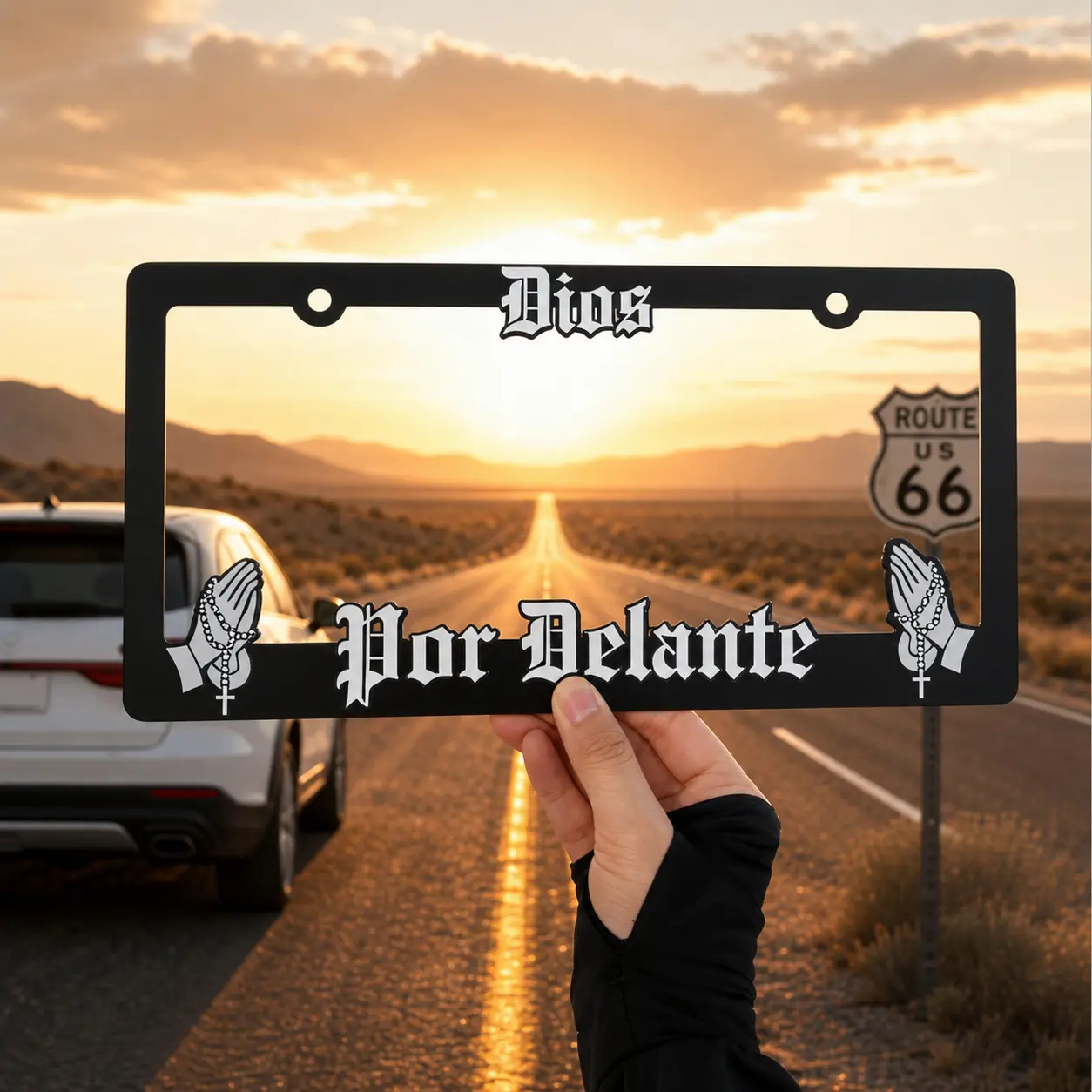 Dios Por Delante License Plate Frame – Christian Praying Hands Rosary Design, Rust-Proof Stainless Steel, Universal 6x12 Fit, Car Truck SUV Accessory