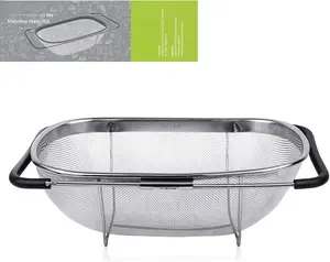 6-Quart Large Over The Sink Colander, Heavy Duty 18/8 Stainless Steel Fine Mesh Strainer Basket with Expandable Rubber Grip Handles - , Drain, Rinse Fruits, Vegetables