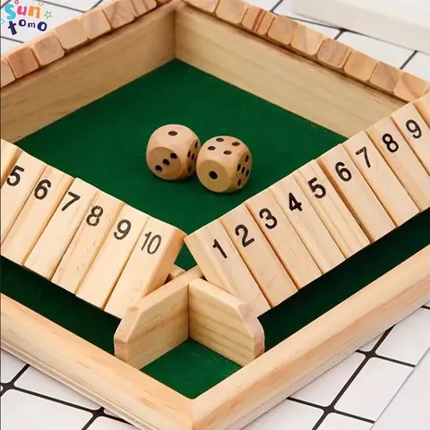 Solid Pine Wooden Shut The Box Puzzle Game Set - Classic Pub Board Game, 2 to 4 Players, 9x9x2in 4-Sided Board, 8 Dice, Number Tiles Math Addition Tool for Unisex Kids & Adults