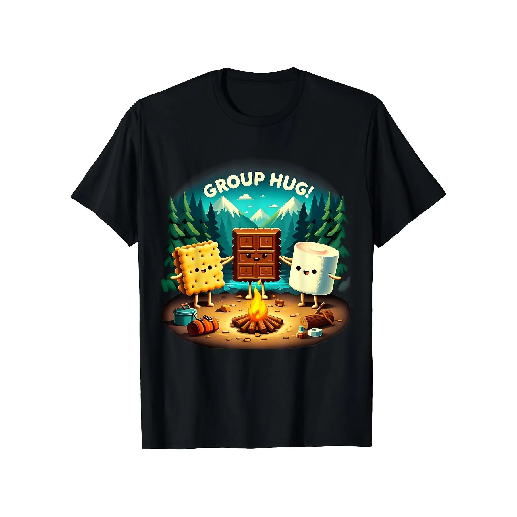 180g Heavyweight Cotton Retro Camping Graphic Menswear Tops - Cute Marshmallow Bonfire Group Hug & S'mores Design, Unisex Round Neck Shortsleeve Tee, All-Season Casual Outdoor Apparel