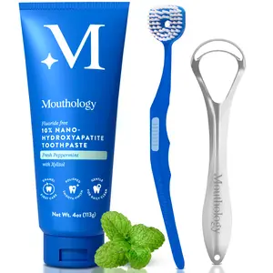 Mouthology 10% Nano Hydroxyapatite Toothpaste & Tongue Cleaner Set – Whitening, Enamel Repair, Sensitive Teeth Relief, Fresh Peppermint Flavor, Ergonomic Tongue Brush & Tongue Scraper with Protective Cap for Bad Breath & Complete Oral Care