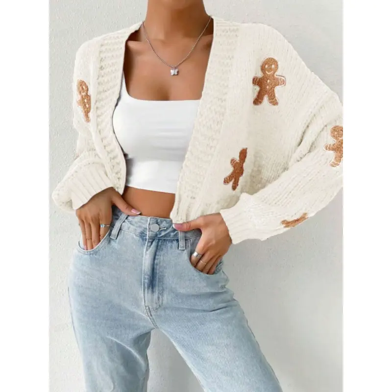 Women's Gingerbread Man Pattern Knit Cardigan Sweater - Drop Shoulder, Deep V-Neck, Cropped, Loose Fit, Long Sleeves, Christmas Theme Tops for Fall Winter - Knitwear Style, Soft Knit Fabric, Longsleeves