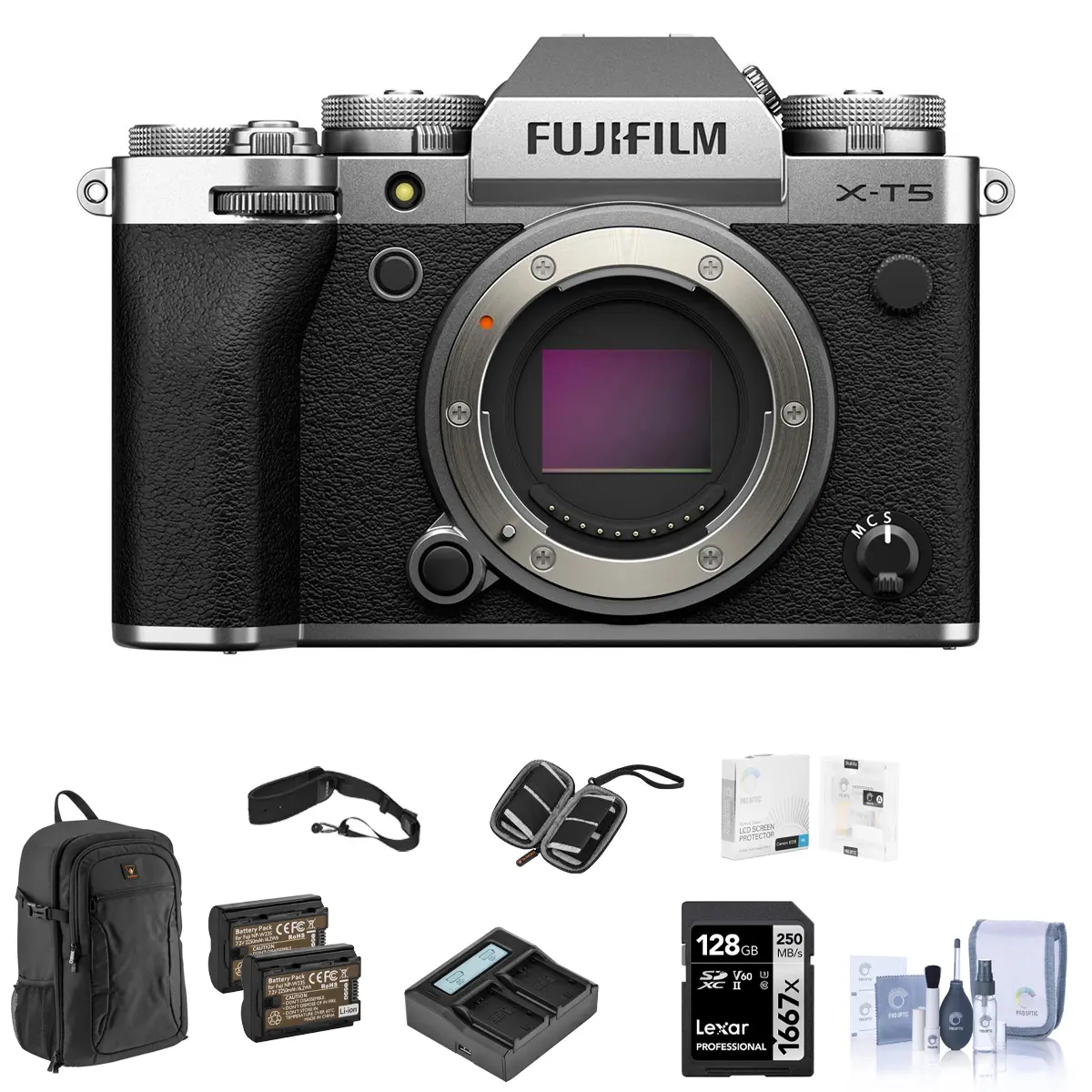 Fujifilm X-T5 Mirrorless Camera, Silver Bundle with 128GB SD Card, Backpack, 2x Battery, Charger, Screen Protector, Camera Strap, SD Card Case, Cleaning Kit