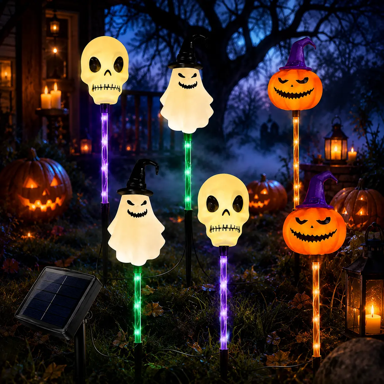 6-Pack Outdoor Halloween Solar LED Pathway Stake Lights - Pumpkin, Ghost, Skull Designs, Waterproof Home Garden Decor for Lawn, Walkway, Holiday Use