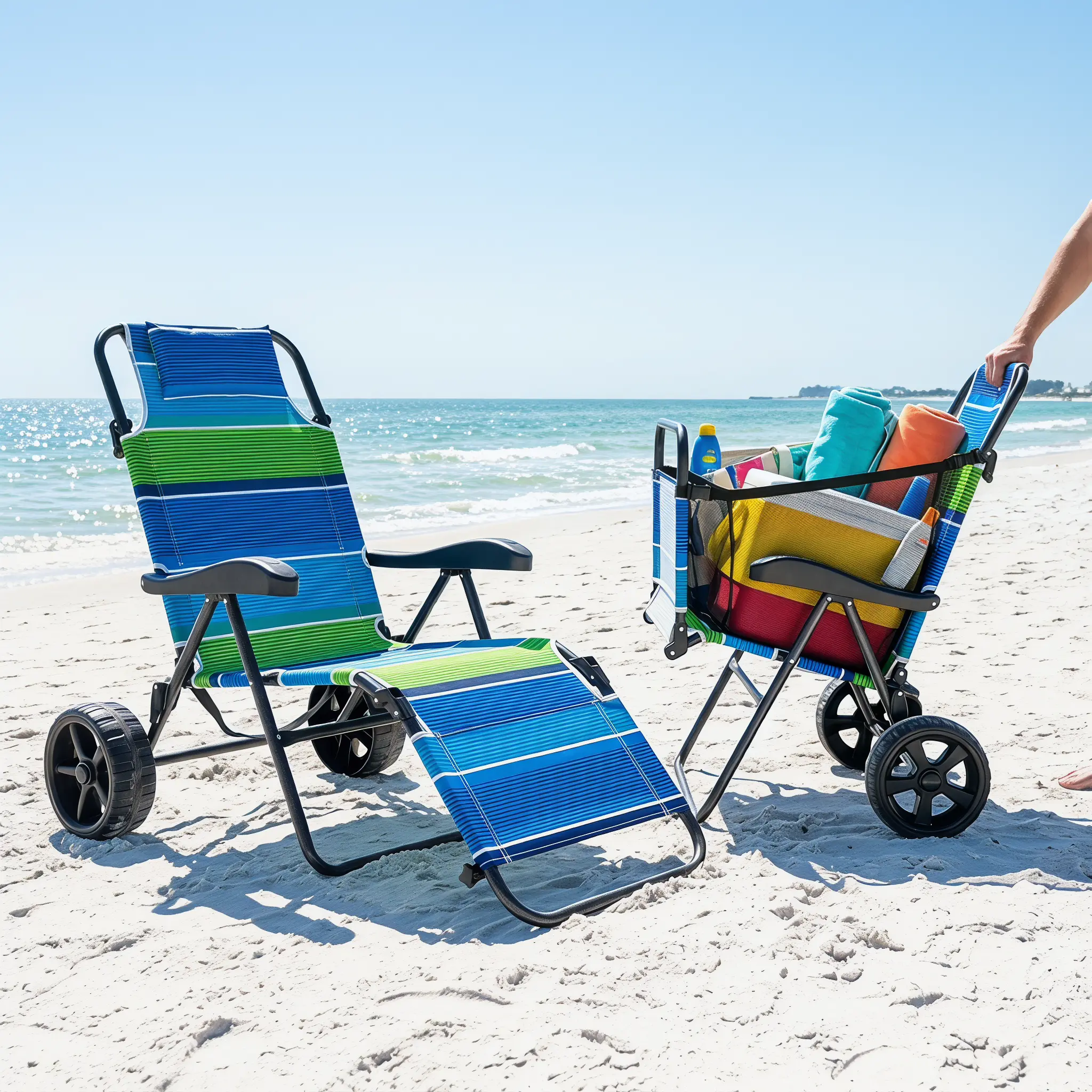 Surfgear 2-in-1 Foldable Beach Lounge Chair with Wheels, Convertible Cart & Recliner, Wide Sand Wheels, 4-Position Adjustable Backrest, Portable Outdoor Camping Chair (190lbs Chair / 80lbs Cart) Folding