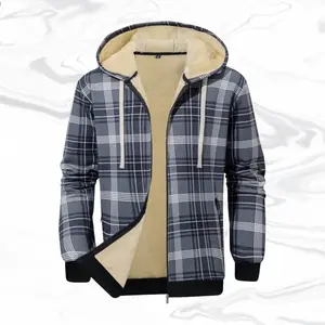 Su Coats Menswear Men's Plaid Hooded Fleece Jacket Vintage Casual Style Adjustable Drawstring at Hood Classic Plaid Pattern Soft Fleece Lining Smooth Zipper Perfect for Everyday Wear Tops Checked Grey Long Sleeve