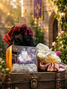 The Armored Kingdom Maiden's Tie Mulberry Silk Scrunchies 4-Pack, Royal Hues Solid Color Scrunch, Ultra Soft with Strong Elastic Core for Ponytail Hairstyle, Includes Personalized Scroll Crown Keychain Bottle Opener