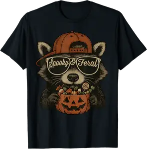 Spooky and Feral Halloween Cute Ghost Raccoon Trick Or Treat T-Shirt - 68B0FLQ7XJ8N