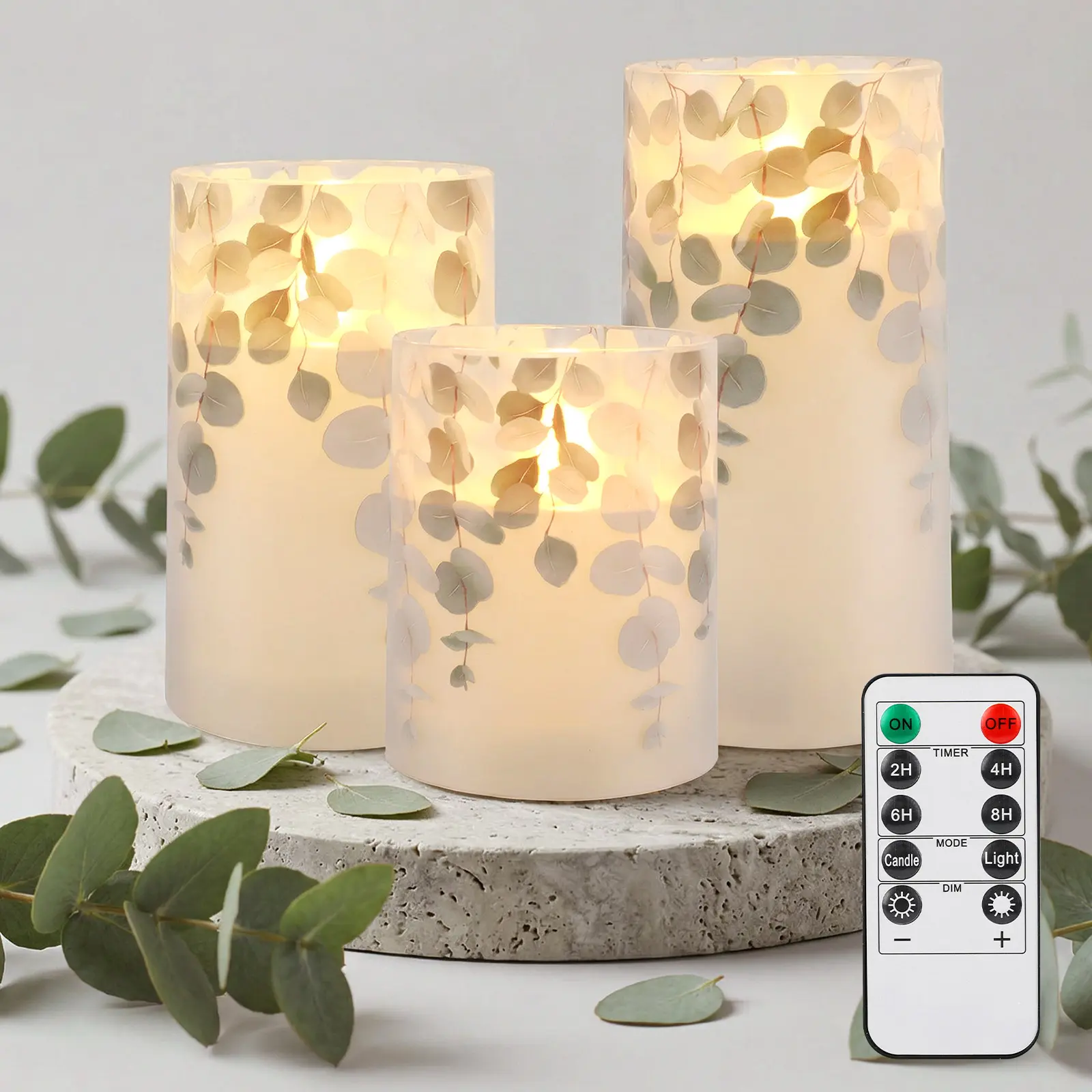 3pcs Flameless Candle with Remote Control And Timer, Eucalyptus Leaf  Decal Flickering Plastic Candle Lights, Home Holiday Theme Decor 3AA Battery LED Pillar Candles, Floral Table Decorations, Spring Summer Home Decor Candle Lights,  Mother'S Day