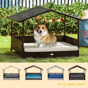 PawHut Wicker Dog House Outdoor with Canopy, Rattan Dog Bed with Water-resistant Cushion, for Small and Medium Dogs
