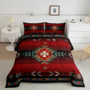 Feelyou Luxurious Southwest Native Designer Bedding Set - Unique Patterns Southwestern Geometric Soft Tribal Red Green Microfiber Comforter Set