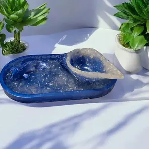 Sea Shell Tray Jewelry Holder - Blue Decorative Tray with Sea Shell Accents, Ideal for Displaying Jewelry and Accessories