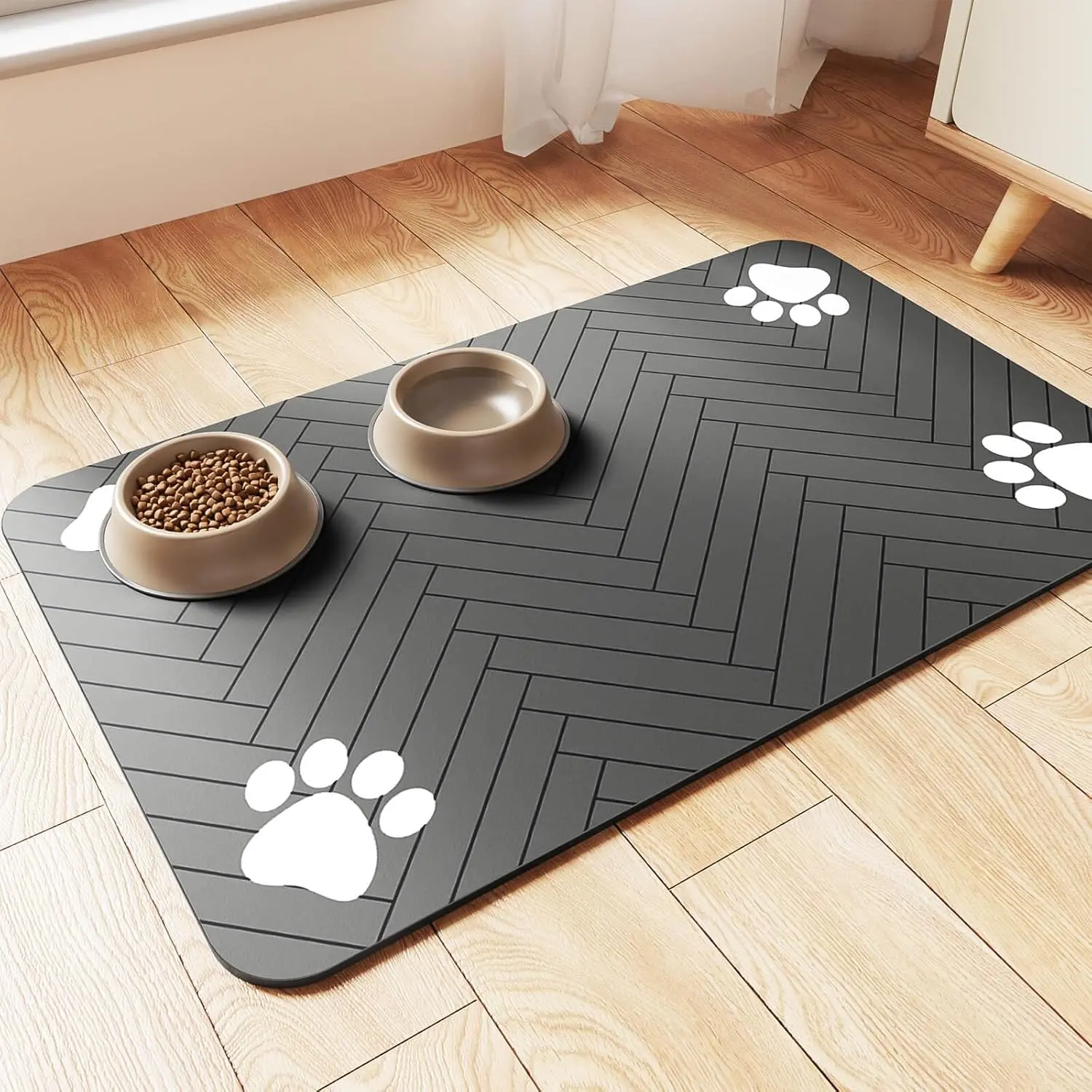 Pet Feeding Mat-Absorbent Pet Placemat for Food and Water Bowl, with Waterproof Rubber Backing, Quick Dry Water Dispenser Mat for Dog and Cat (12"x20", Striped Dark Gray)