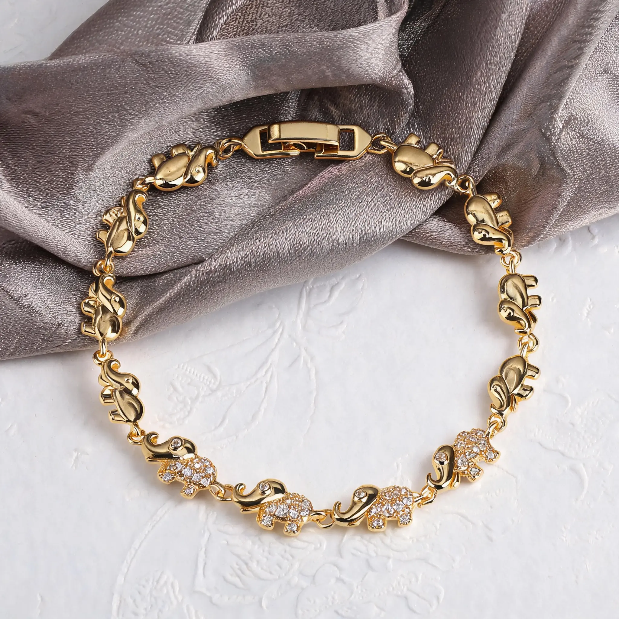 7.87 Inch 18k Gold Plated Elephant Bracelet | Sparkling Zircon Pave Link Chain | Trendy Everyday Jewelry for Women | Vintage Bohemian Jewelry | Versatile Work & Weekend Jewelry