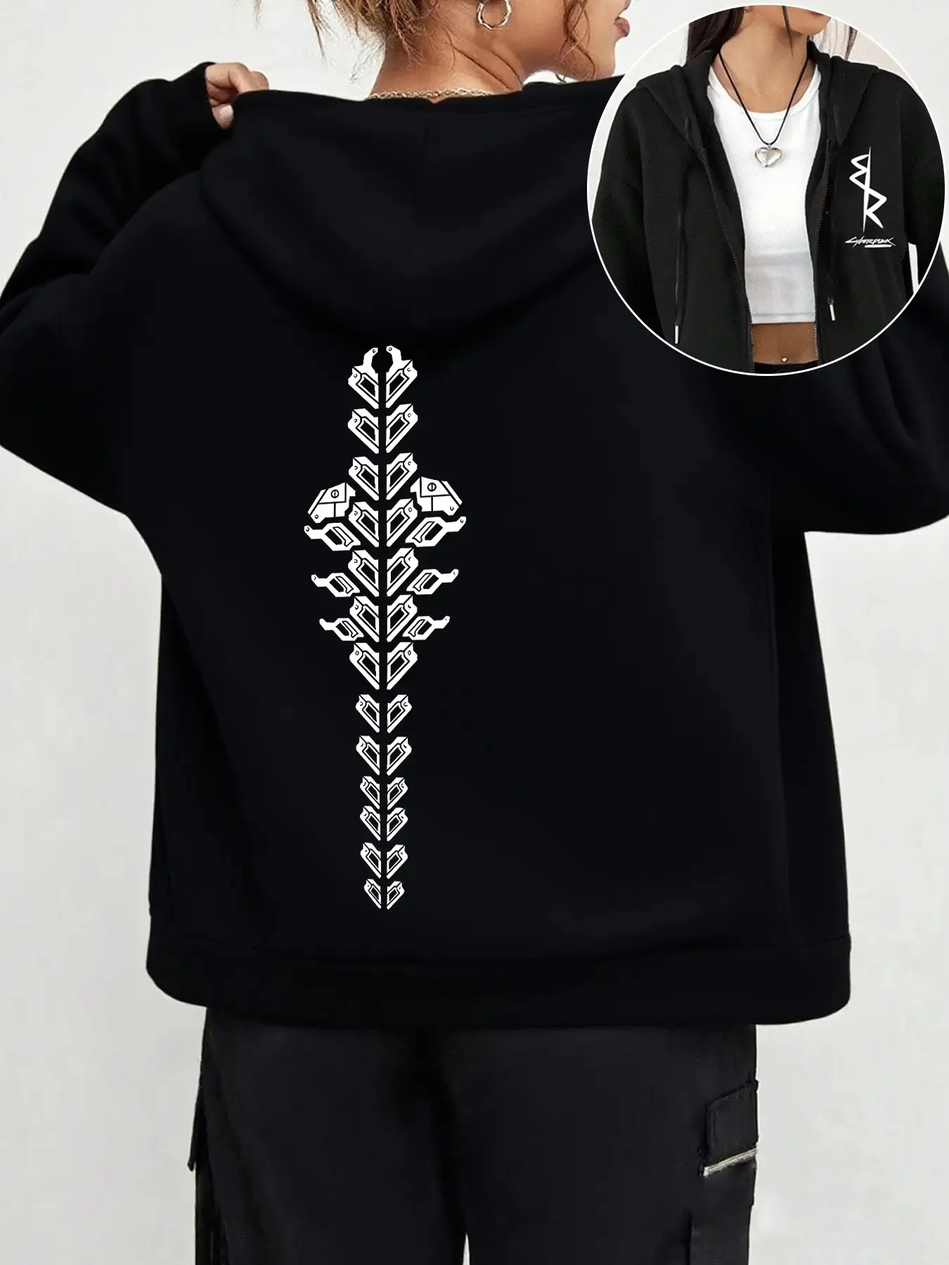 Cyberpunk Edge Chozo Curse Zip-Up Hoodie Jacket, Print Vintage Fabric Design, Perfect for Jujutsu Kaisen Fans, Casual Fitted Style