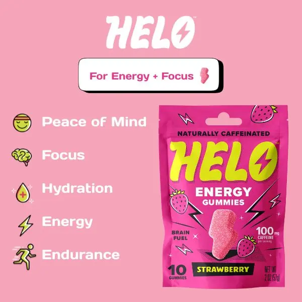 HELO Caffeine Energy Gummies | Strawberry | 10 Natural Gummies for Focus, Energy, Hydration, and Productivity Dietary Supplement