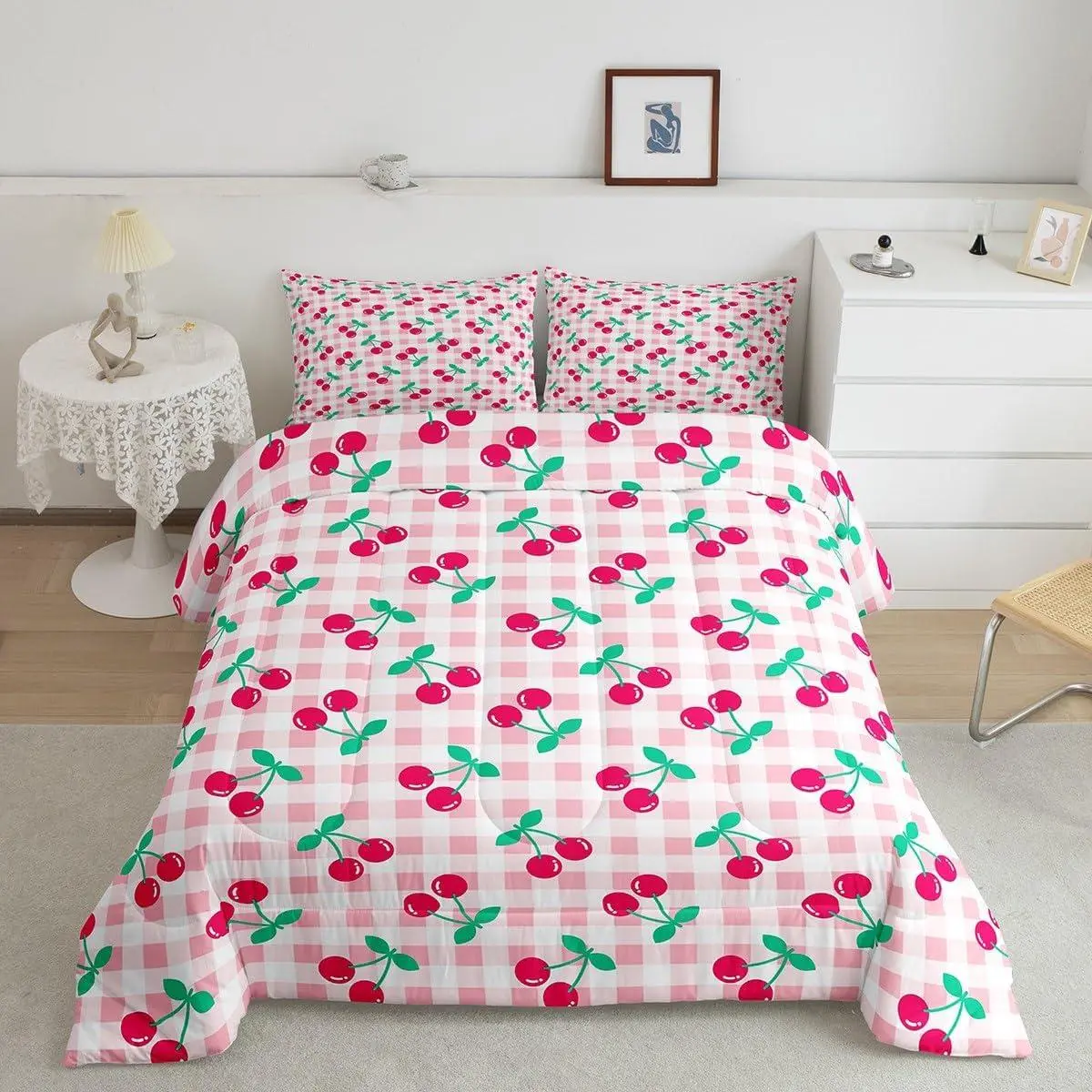 Cartoon Cherry Kids Comforter Set,Geometric Plaid Grid Patchwork Bedding Set,Girls Women Room Decor,Abstract Checkerboard Modern Down Comforter,Pink Romantic Duvet Insert