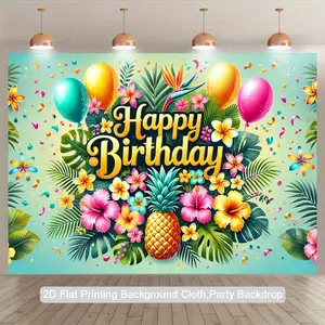 2D Flat, 1pc Happy Birthday Party Backdrop - Tropical Floral & Pineapple Design with Balloons, "Happy Birthday" Text, Polyester Photography Background for Indoor/Outdoor Celebrations, Studio Props, and Festive Decorations, Birthday Party Decorations, 2D