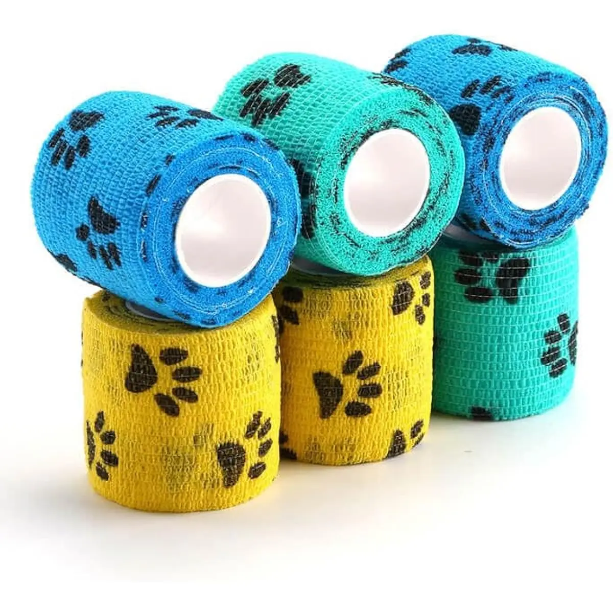 6 Rolls 2-Inch Self-Adhesive Non-Woven Pet Cohesive Gauze Wrap - Skin Safe Glue, Stretchable Belt, Lightweight, Breathable, Waterproof, Healing for Dog Legs/Paws, Animal First Aid (Pawprints A, Knee/Elbow Support), Back