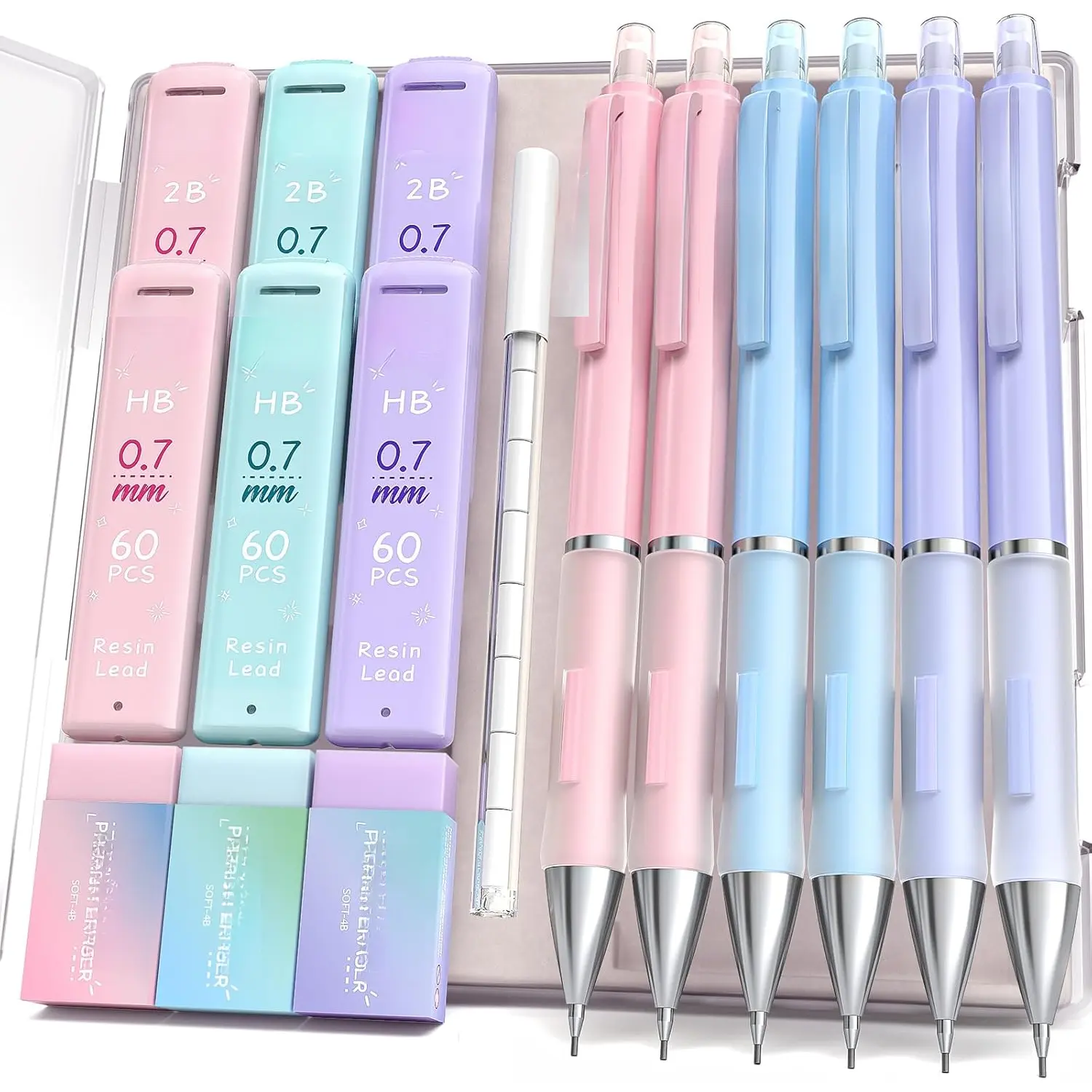 0.7mm Mechanical Pencil Set - 6 count Cute Pencils with 360 count HB & 2B Lead Refills, 3 count Pastel Erasers and 9 count Eraser Refills, Aesthetic School Supplies for Student Writing Drawing