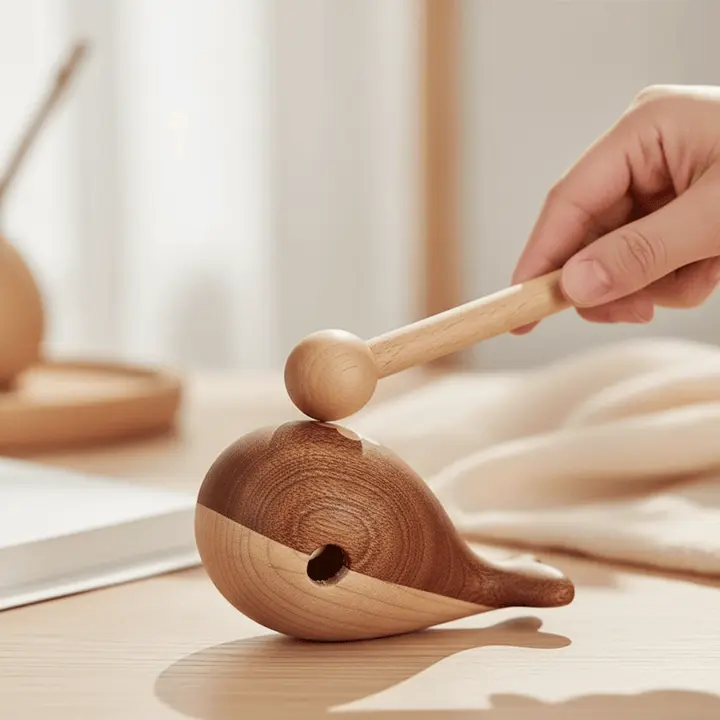 Wooden Whale Percussion Block with Wooden Mallet - Handmade Craft, Unique Gifts, Charming Design Calming Sounds Instrument for Meditation & Stress Relief Desk Toy
