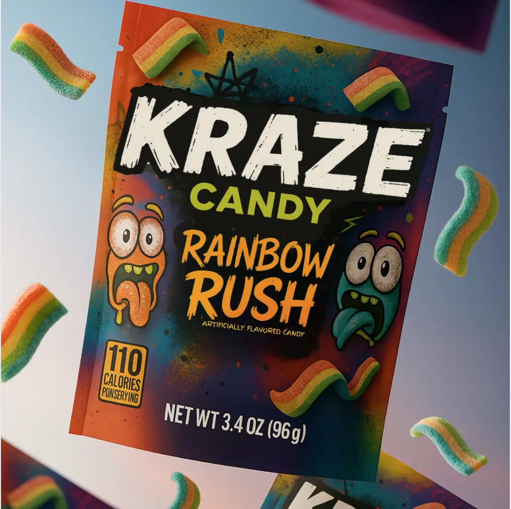 KRAZE Candy 1-Pack Flavored Rainbow Rush  Super Sour Candy Belts - Vegetarian, Fresh & Chewy, Mouth Watering Flavors, Snack, Sweet Candies  Tangy & Vegan Bonbon Sugar