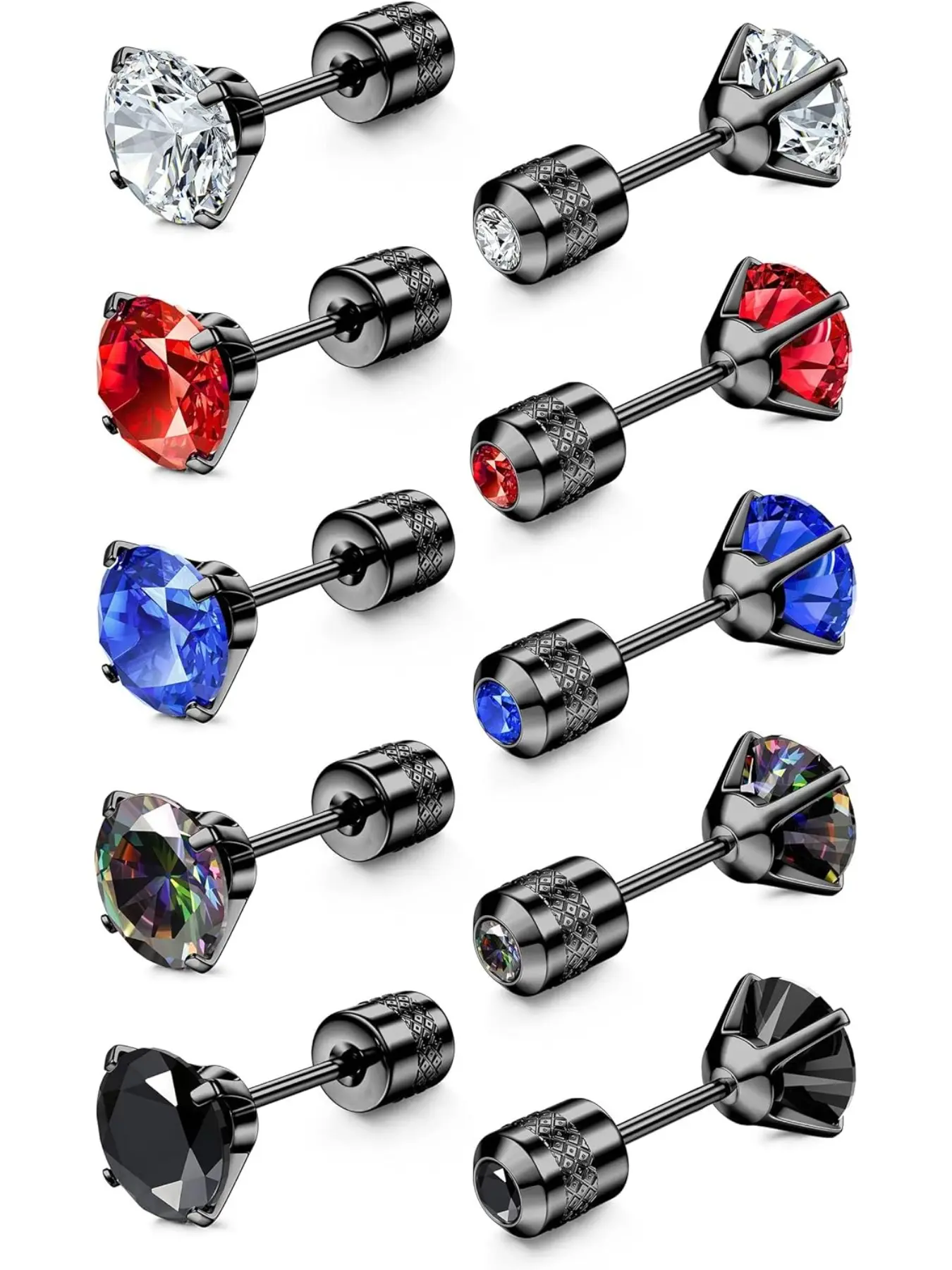 5 Pairs Screw Back Stainless Steel Stud Earrings, Rainbow 5a Cubic Zirconia Sleeper Studs, 3-8mm, Casual Style, All Seasons, Screwback Earrings, Stud Earring Jewelry