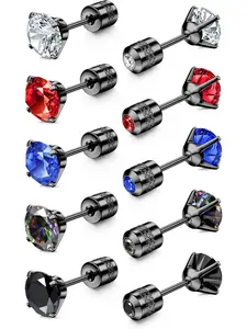 5 Pairs Screw Back Stainless Steel Stud Earrings, Rainbow 5a Cubic Zirconia Sleeper Studs, 3-8mm, Casual Style, All Seasons, Screwback Earrings, Stud Earring Jewelry