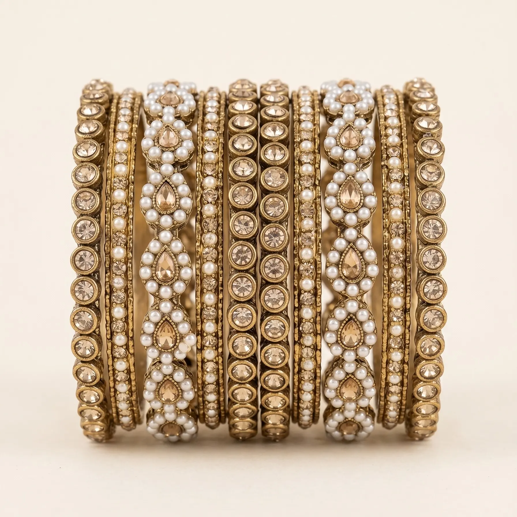 16 pcs Gold Kundan Pearl Bangles Set, Indian Bridal Churi Kada Jewelry sohochic