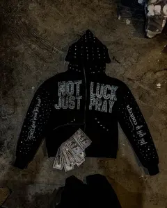 This hoodie focuses on rhinestone accents and street/Y2K styles. The “NOT LUCK JUST PRAY” slogan on the back and the allover sequin design are very eye‑catching. It’s suitable for a bold look—club style or high‑street brand vibe.