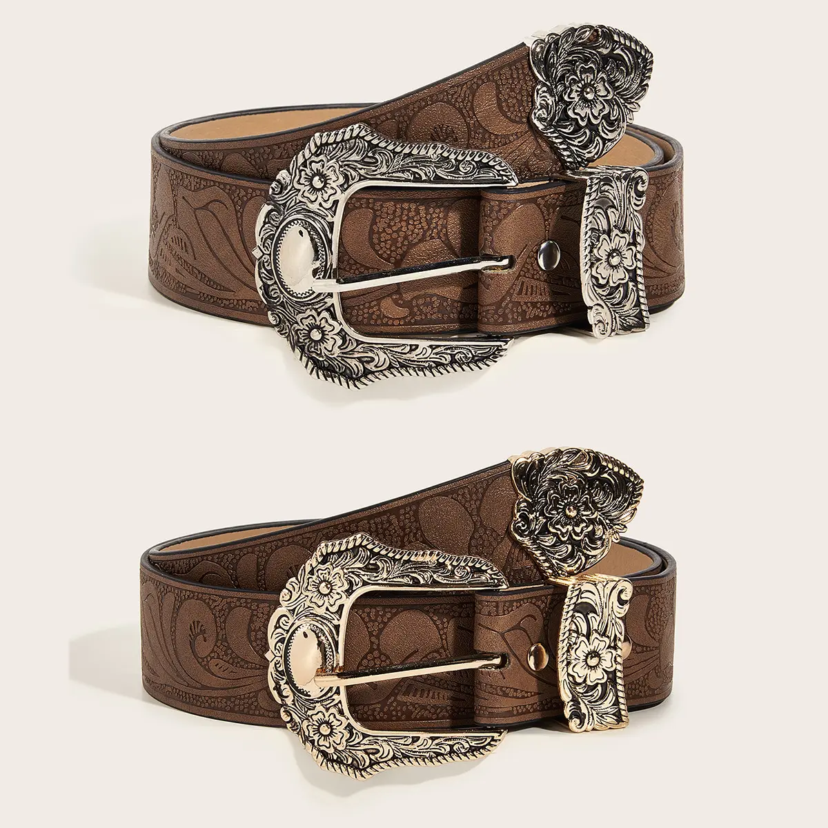 Women's Western Belt - Edgy Buckle, Brown Textured Pin-Buckle, Unique Print Unisex Wear Fashion Accessory