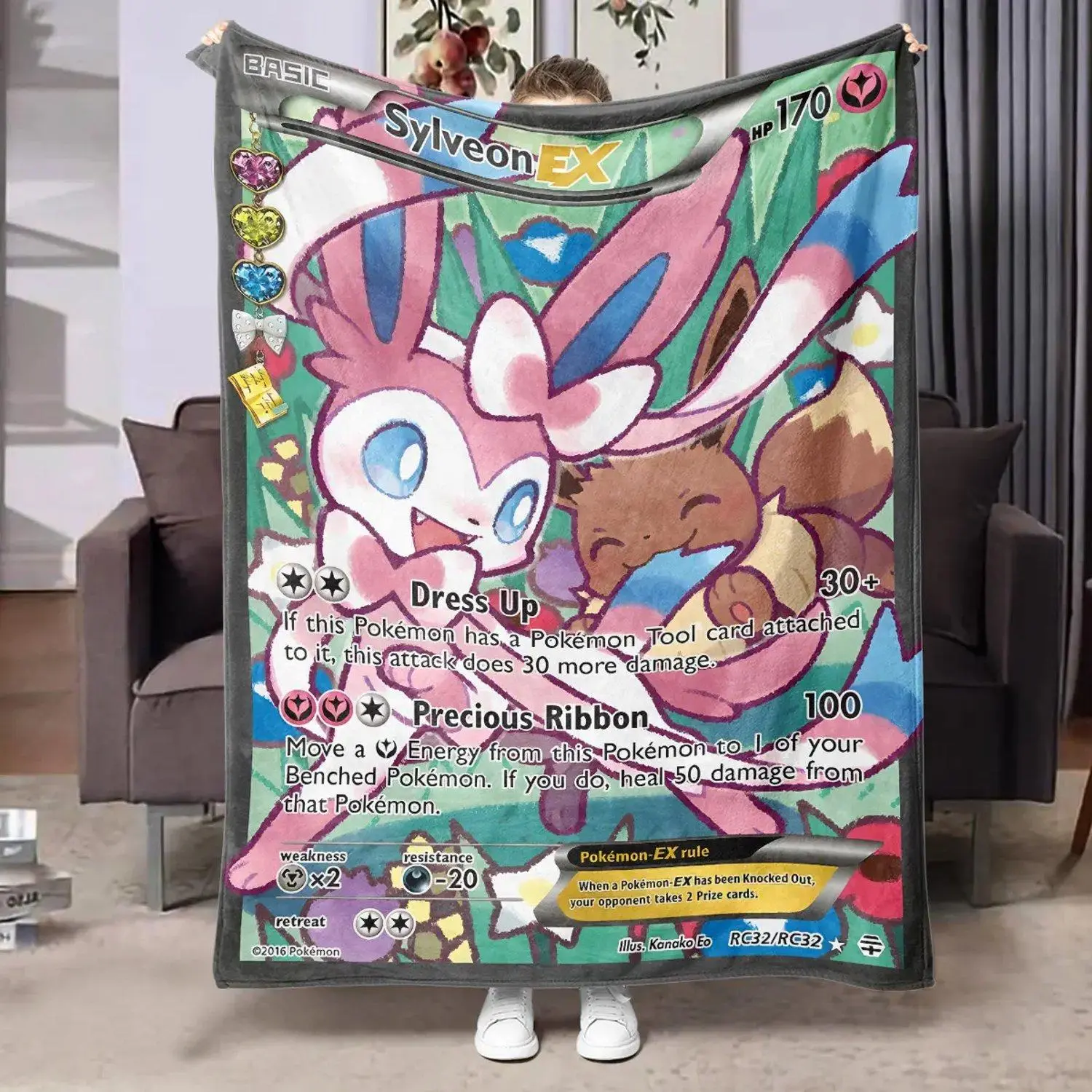 Portable Warm Soft Comfortable Blanket with Sylveon Style Illustration for Home Travel Car Use Ideal Gift for Collectors and Enthusiasts of Fantasy Creatures