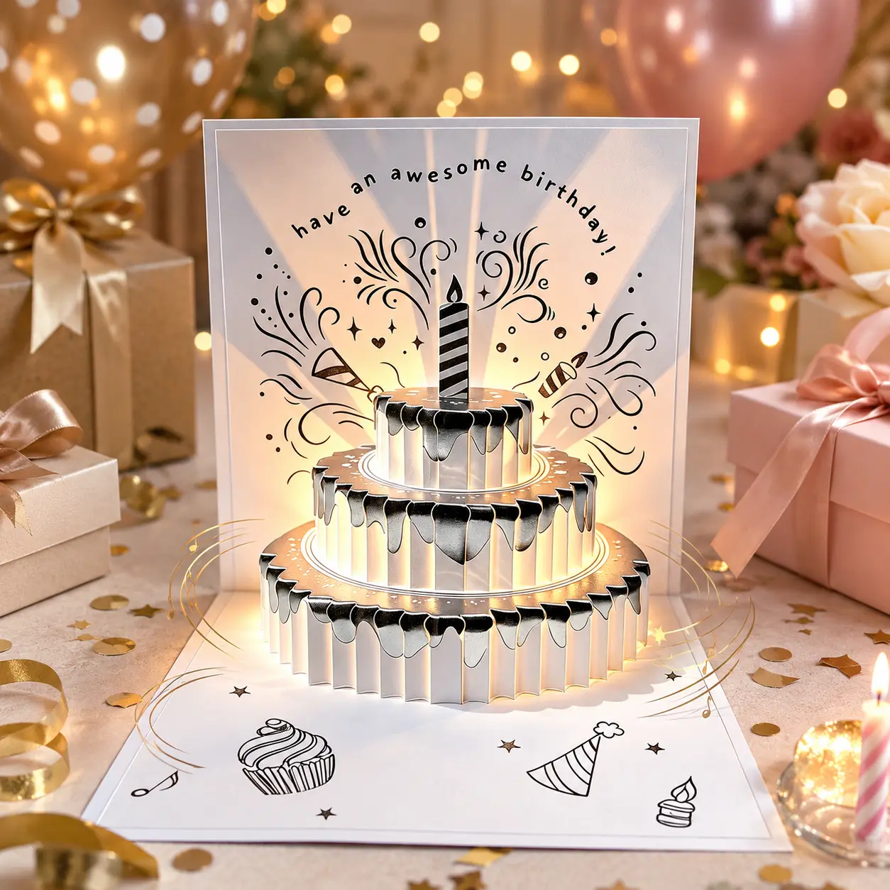 3-Tier 3D Pop-up Glowing LED Light Birthday Greeting Card, Handmade Paper Craft Office Stationery, Decorative Surprise Meaningful Gift for Friends, Festive Party Decor Birthday Card for Boyfriends Bestie Greeting Card with Envelope