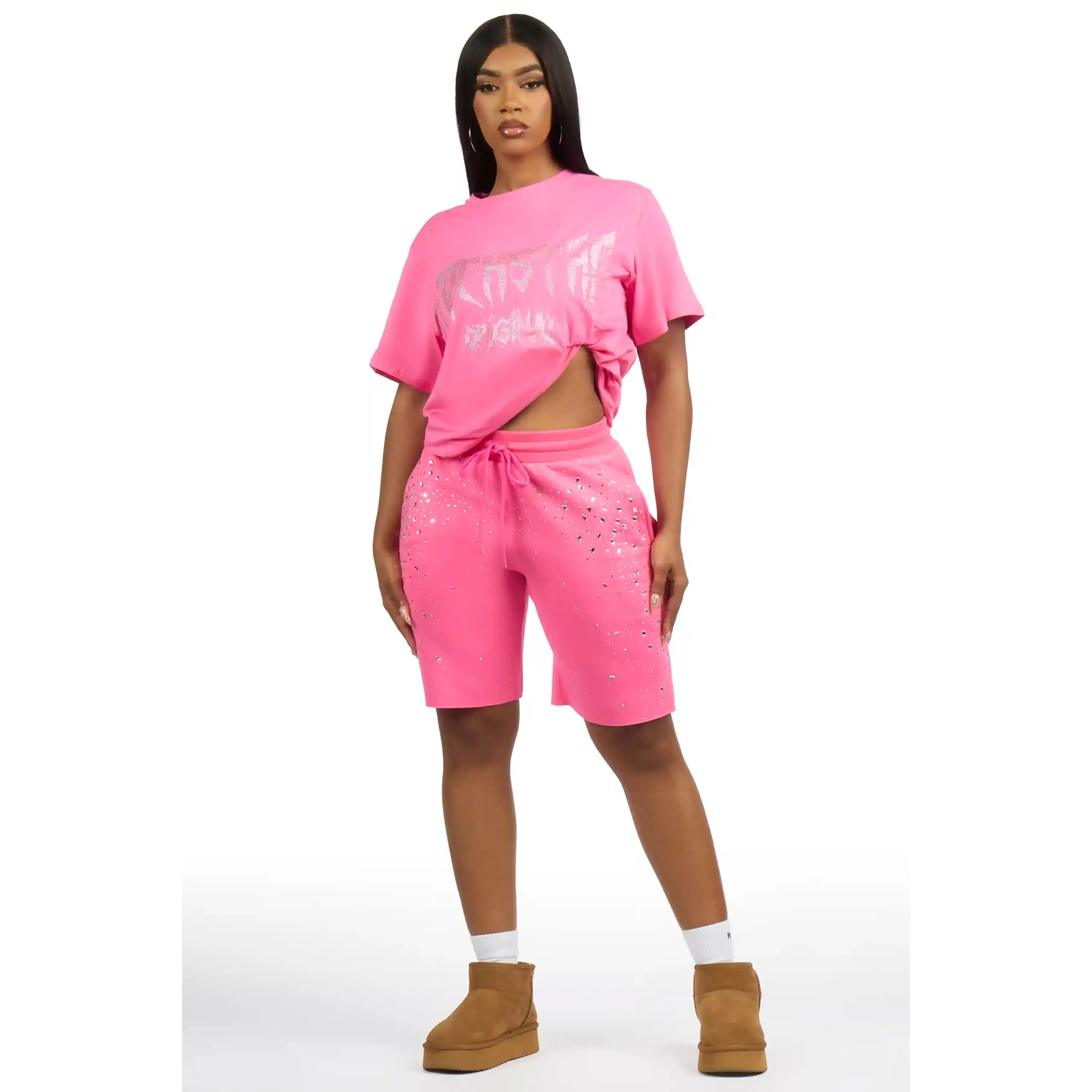 Porsha Hot Pink Rhinestone T-Shirt Short Set