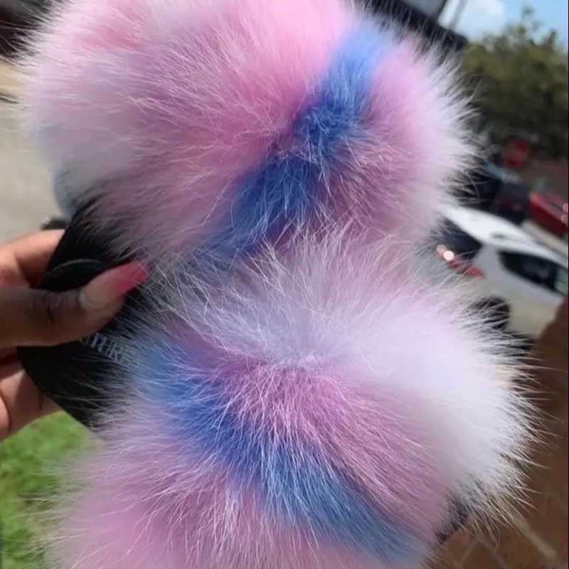 Cotton Candy Colorful Fluffy Slides for Women & Girls - Indoor/Outdoor Comfortable & Stylish Open Toe Fur Slides with Soft Rubber Sole women sizes 8.5,9,9.5,10,11