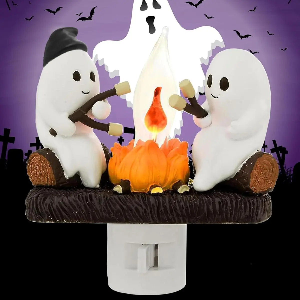 Ghosts Campfire Night Light, Wireless Led Plug in Wall Sconces Flicker Flame Figurine Lamps Halloween Decorations Indoor for Family, Party, Room, Kitchen