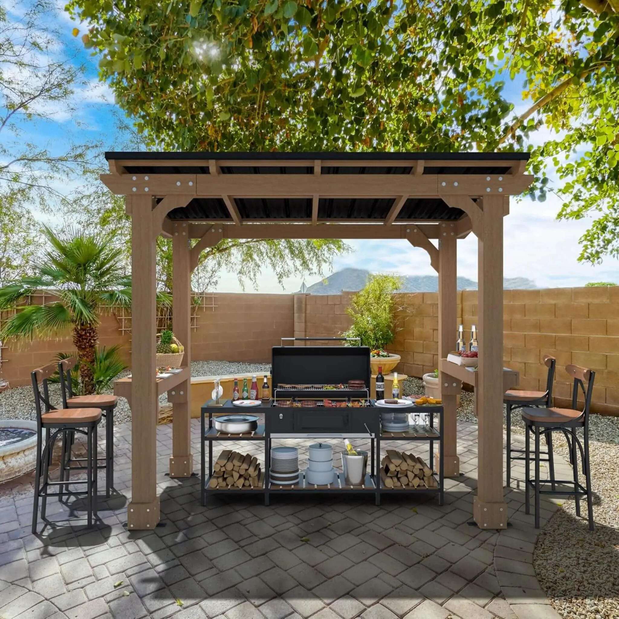 Alora Heavy-Duty Premium Solid Wood Rectangular Grill Gazebo (SAK61583) - Sloped Metal Roof Grill Shelter, Ground Stakes, Gutter Drainage for Outdoor Yard