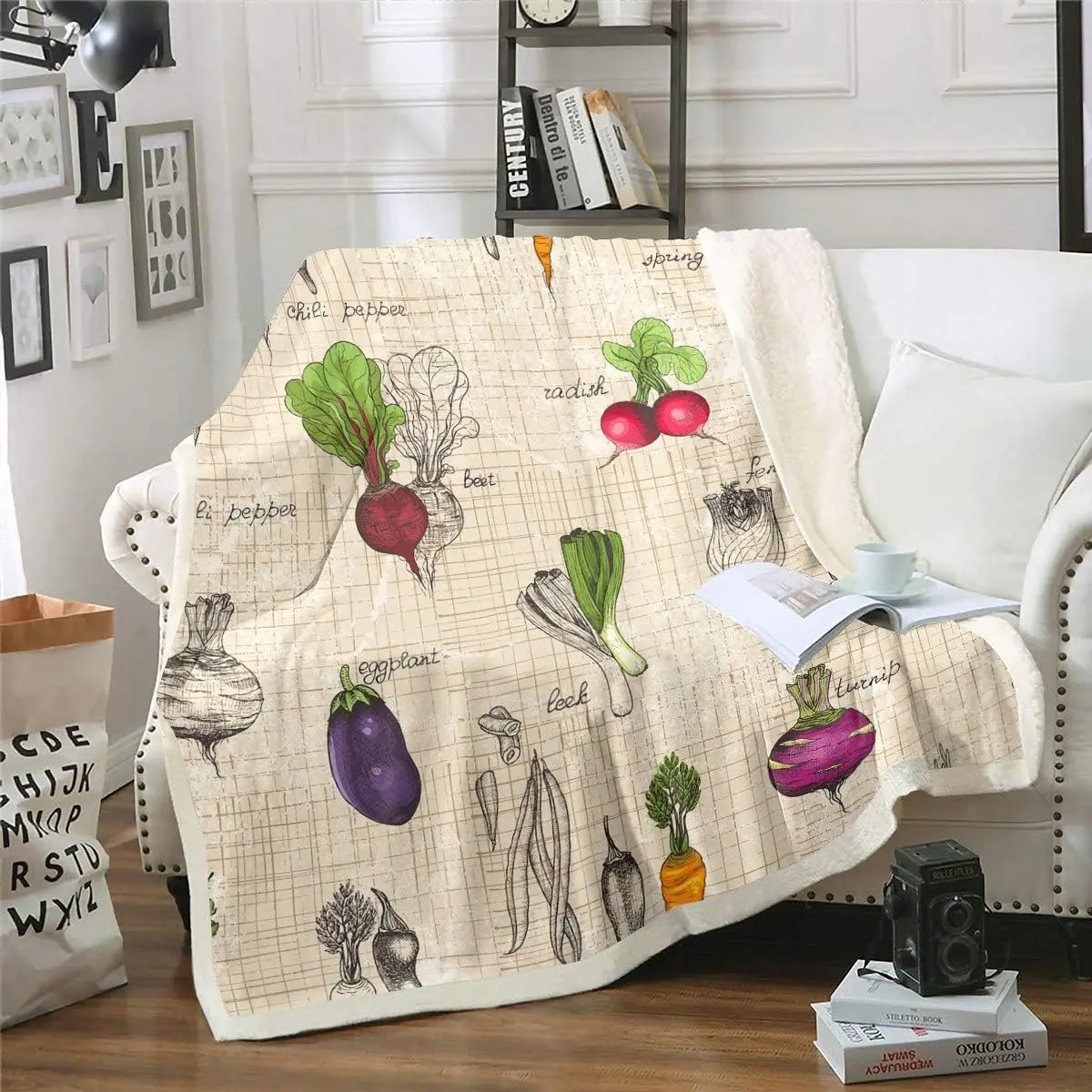 Feelyou Vegetables Print Microfiber Throw Blanket - Radish & Eggplant Food Theme, Soft Warming Fuzzy Sherpa Blanket, 50"x60", Microfiber Blanket, Soft Warming Blanket