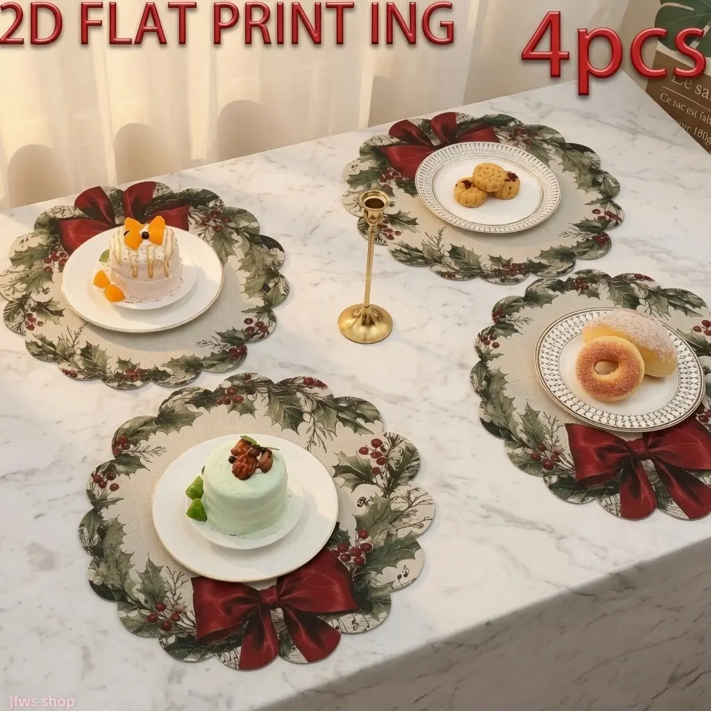 Christmas Tableware Set of 4, Stylish Cloth Placemats and Napkins, Round & Square Non-Slip Mats, Heat-Resistant Decor for Holiday Dinners, Family homeessentials, 4 Pack