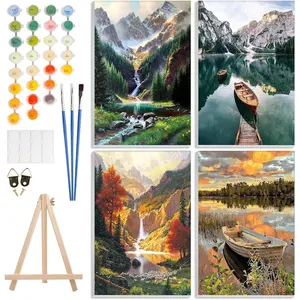 4 Paint by Number Kits for Adults Beginners Framed Canvas, Adult Paint by Number Kits with Easel, Acrylic Easy Paint by Numbers, Boat On Mountains Lake Arts and Crafts for Decor8x12in